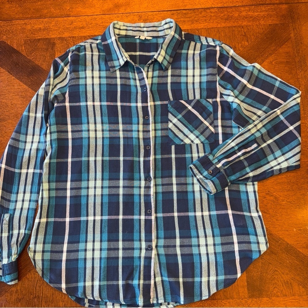Lucky Brand Shirt Womens Large Blue Plaid L/S Button Down Cotton Viscose Blend